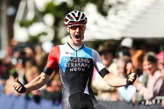 Hagens Berman Axeon's Jarrad Drizners is thrilled to take victory at the under-23 men's road race title at the 2020 Australian Road Championships