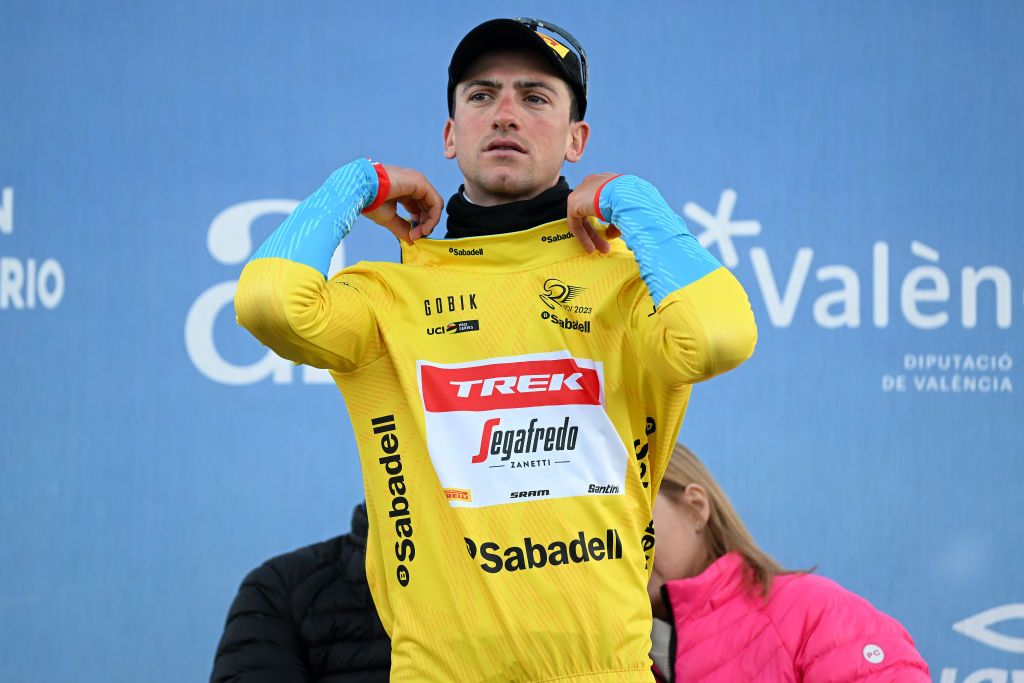 ALTO DE PINOS SPAIN FEBRUARY 02 Giulio Ciccone of Italy and Team Trek Segafredo celebrates at podium as Yellow Leader Jersey winner during the 74th Volta a la Comunitat Valenciana 2023 Stage 2 a 1782km stage from Novelda to Alto de Pinos 621m VCV2023 VoltaValenciana on February 02 2023 in Alto de Pinos Spain Photo by Dario BelingheriGetty Images