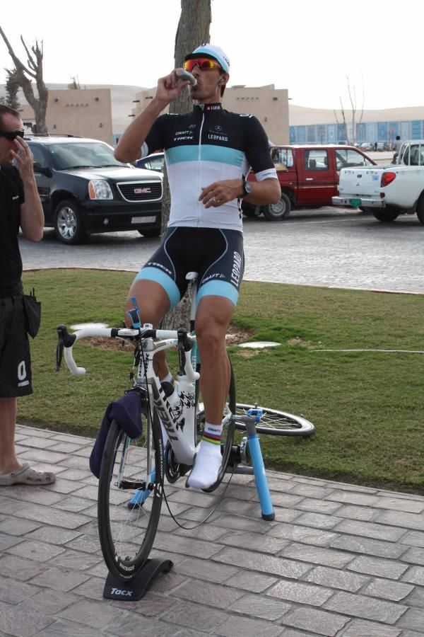 Fabian Cancellara (Leopard Trek) on the turbo trainer in Doha.