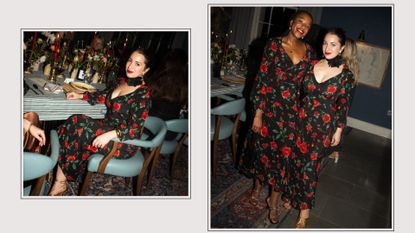 two women wearing black and red floral rixo dresses