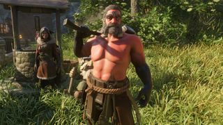 Enshrouded - The Huntress and Blacksmith standing outside