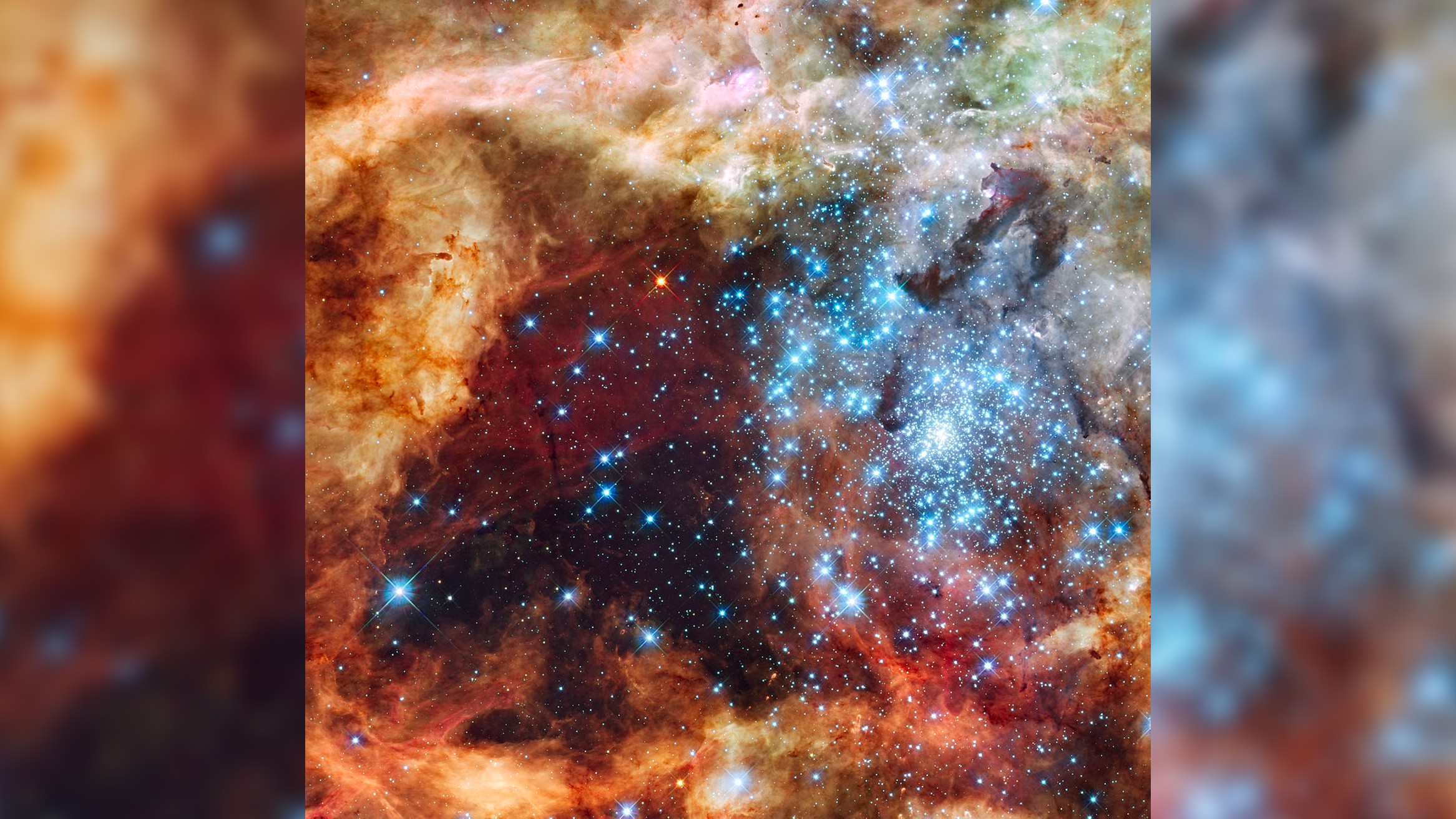 A star nursery is filled with clouds of orange and yellow dust.  In the center of the image are a lot of bright bluish-white stars.