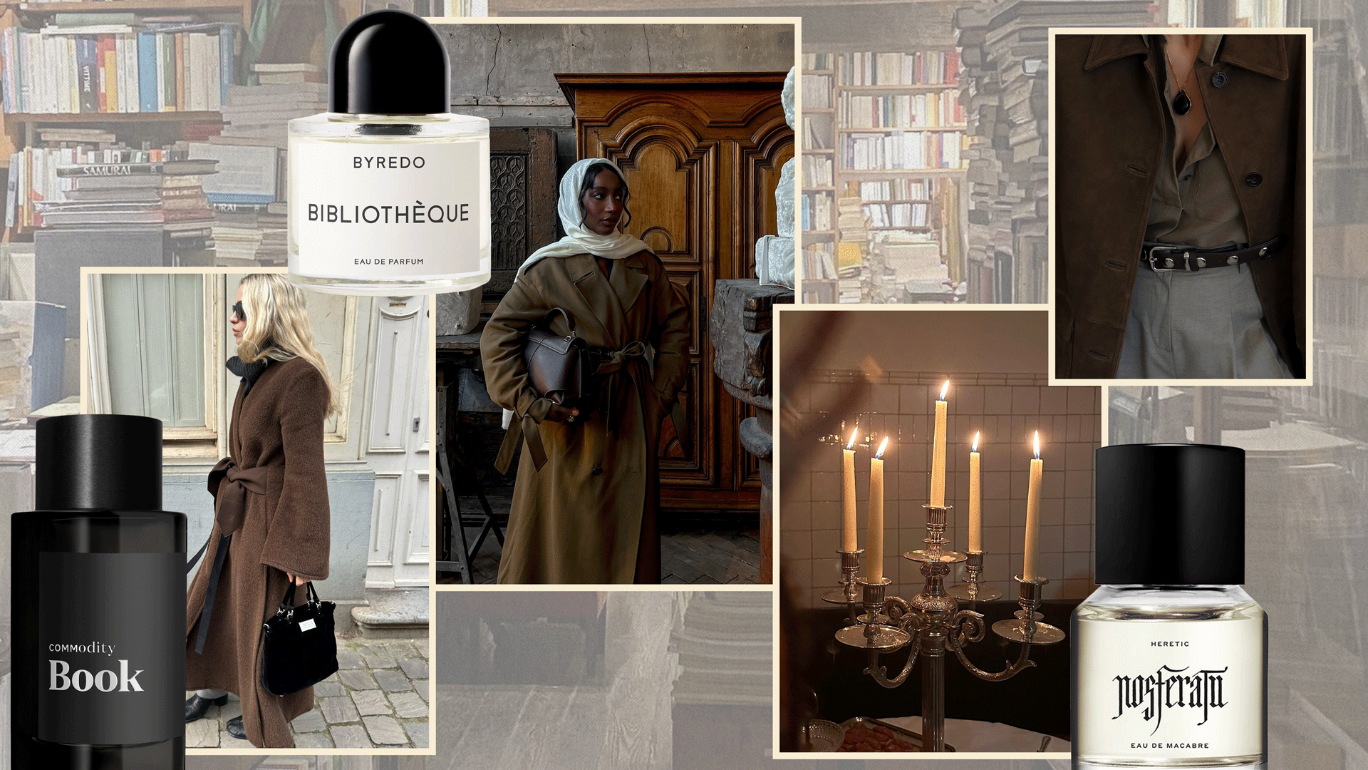 A dark academia-inspired collage of people wearing fall layers in museums, cities, and bookstores with highlighted fragrances overlaid.