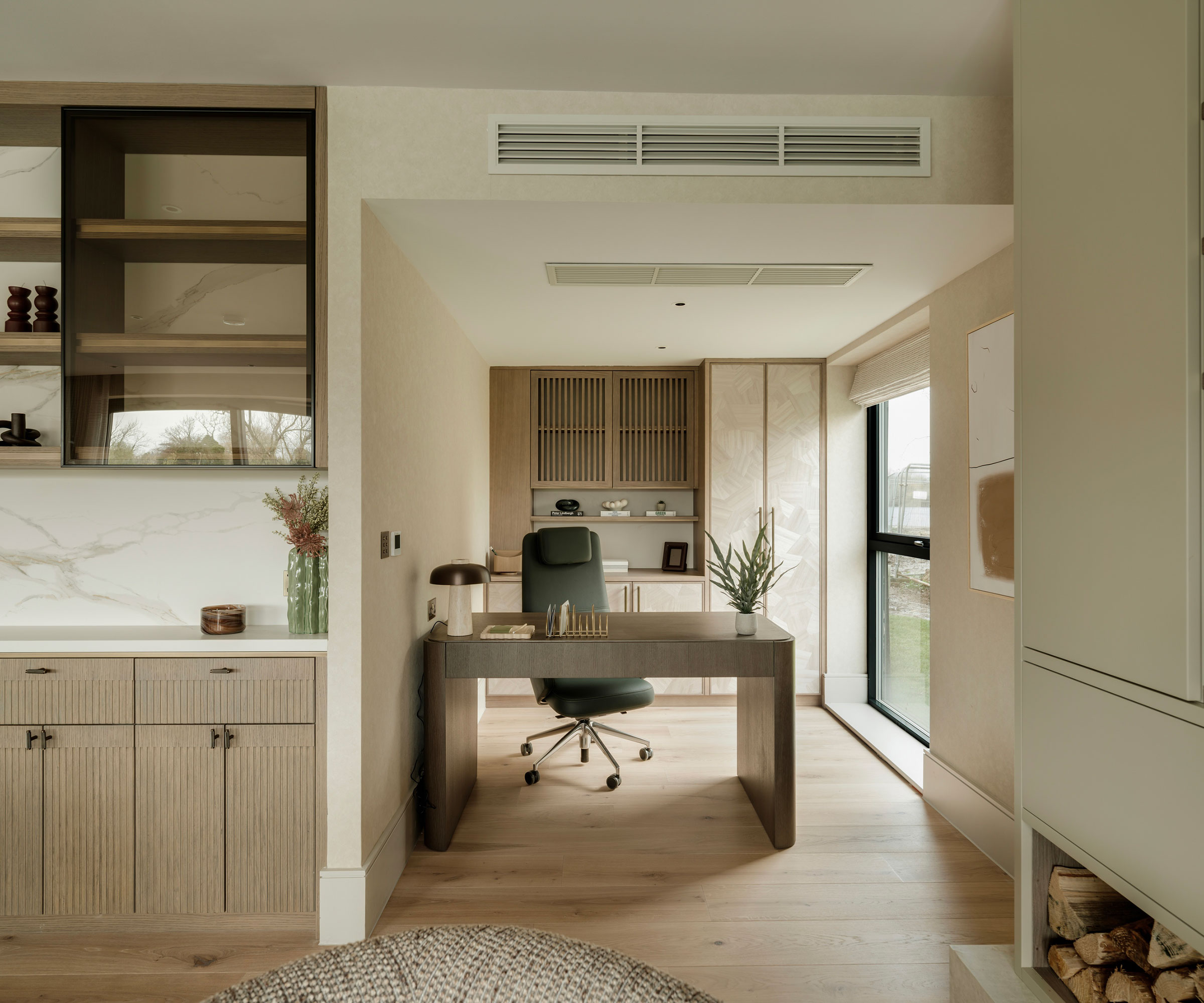 modern home office with pale engineered timber flooring and air conditioning
