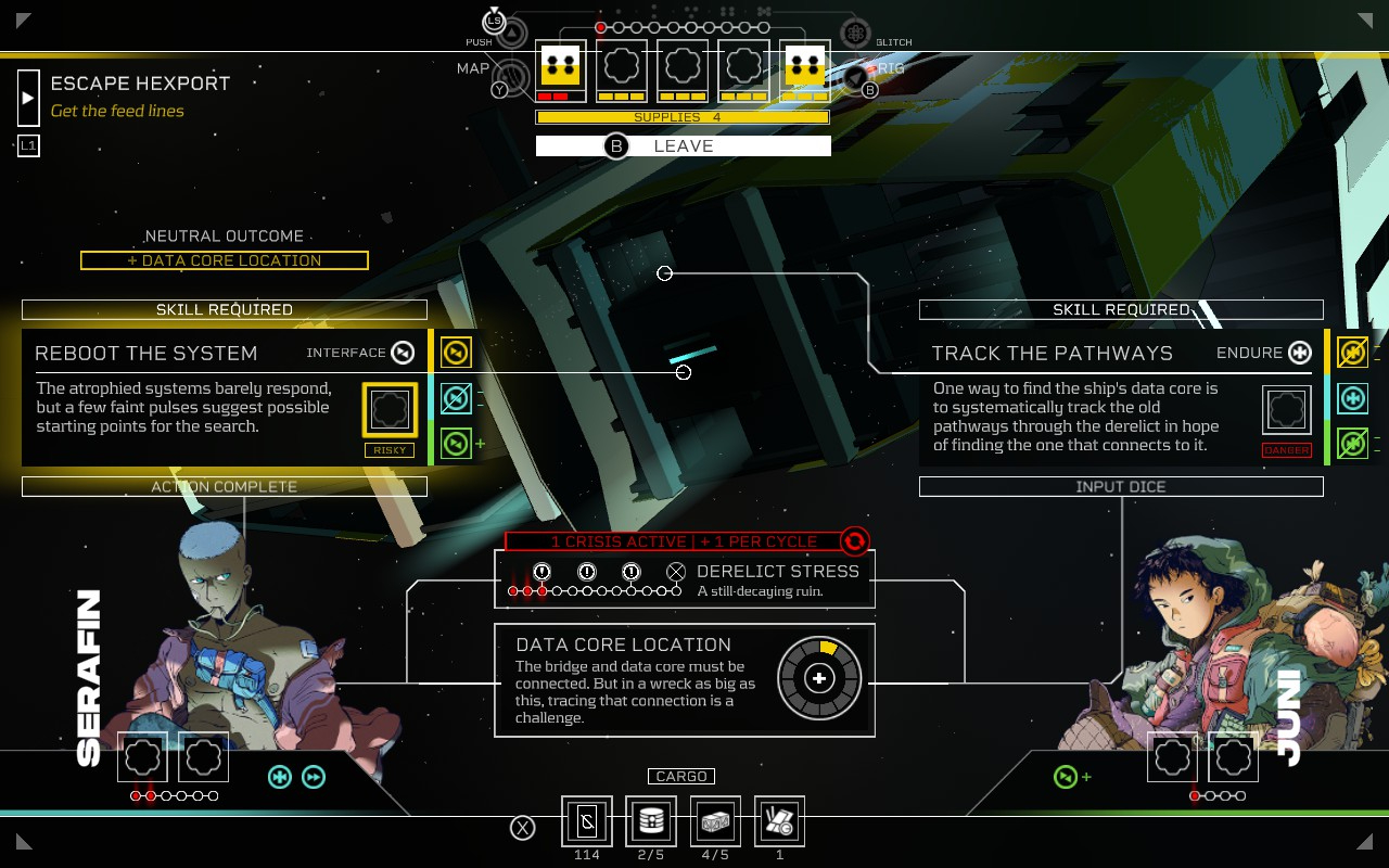 A screenshot from from Citizen Sleeper 2: Starward Vector showing two crew mates and accompanying text