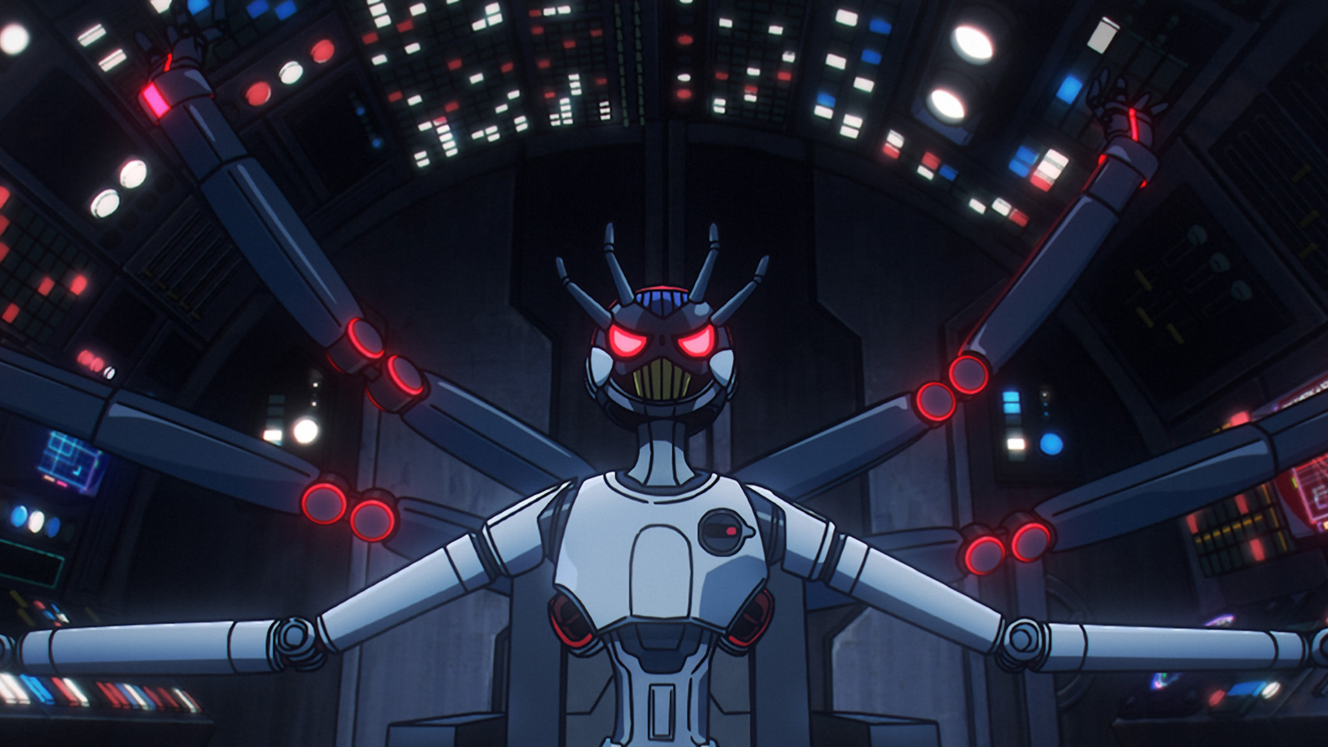 Still from the animated TV anthology series "Star Wars: Visions Volume 3". This episode is called 'The Bounty Hunters' by Wit Studio. A menacing robot with glowing red eyes and six arms is sitting in a cockpit.