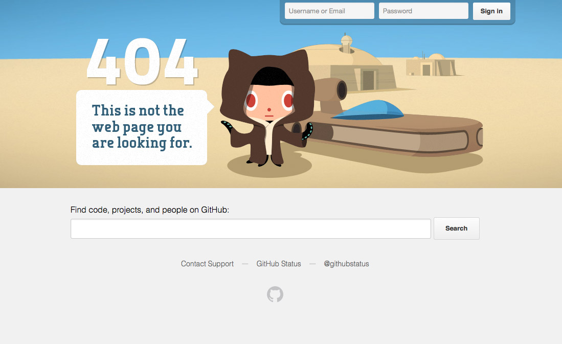 Screenshot of GitHub's 404 page shows a cartoon Jedi-type character saying 'This is not the web page you were looking for'