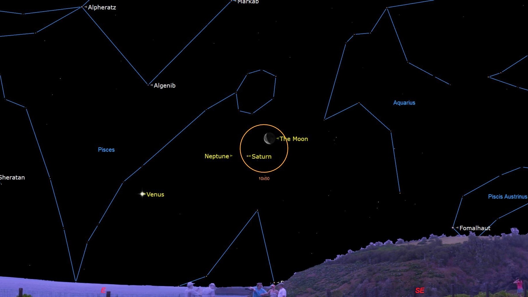 The location of the moon is shown in the night sky on May 22. Saturn can be seen close to the lower left of the moon, with Neptune just beyond. The stars of nearby constellations are outlined in blue, and a yellow circle shows the field of view of a pair of binoculars.