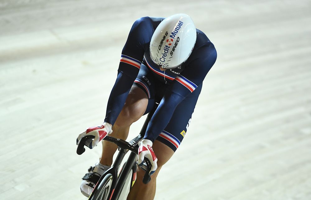 France's Francois Pervis reacts after failing in the first round of the men's Keirin during the UCI Track Cycling World Championships in Apeldoorn
