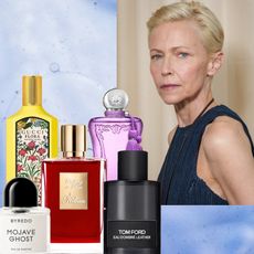 an older woman with a blonde pixie cut on a tan background next to a blue background with five bottles of luxury perfume in various colors