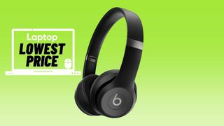 Matte black Beats Solo 4 headphones against a lime green gradient background.