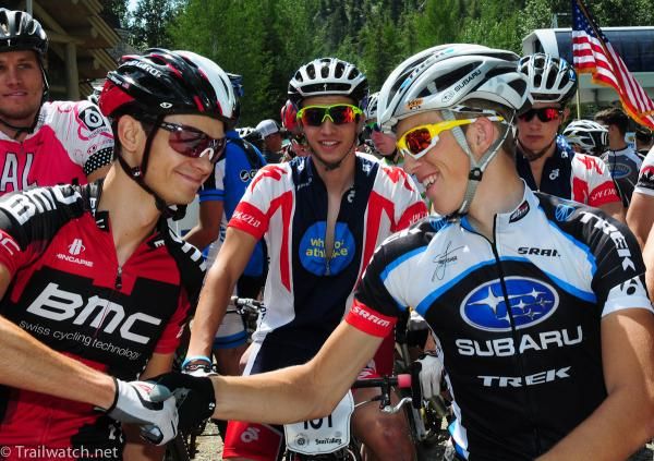 Stephen Ettinger (BMC) and Russell Finsterwald (Subaru-Trek) wish each other good luck at the start