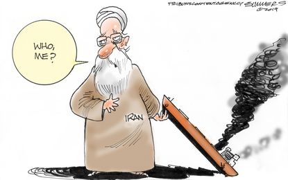 Political Cartoon U.S. Iran Oil Tanker Attack Rouhani Denial