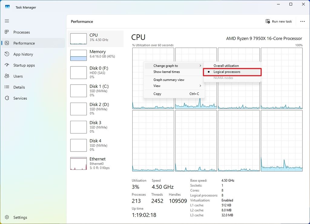 Task Manager view logical processors