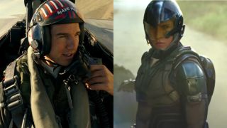 Tom Cruise in cockpit in Top Gun: Maverick and Danny Ramirez in Falcon suit in Captain America: Brave New World