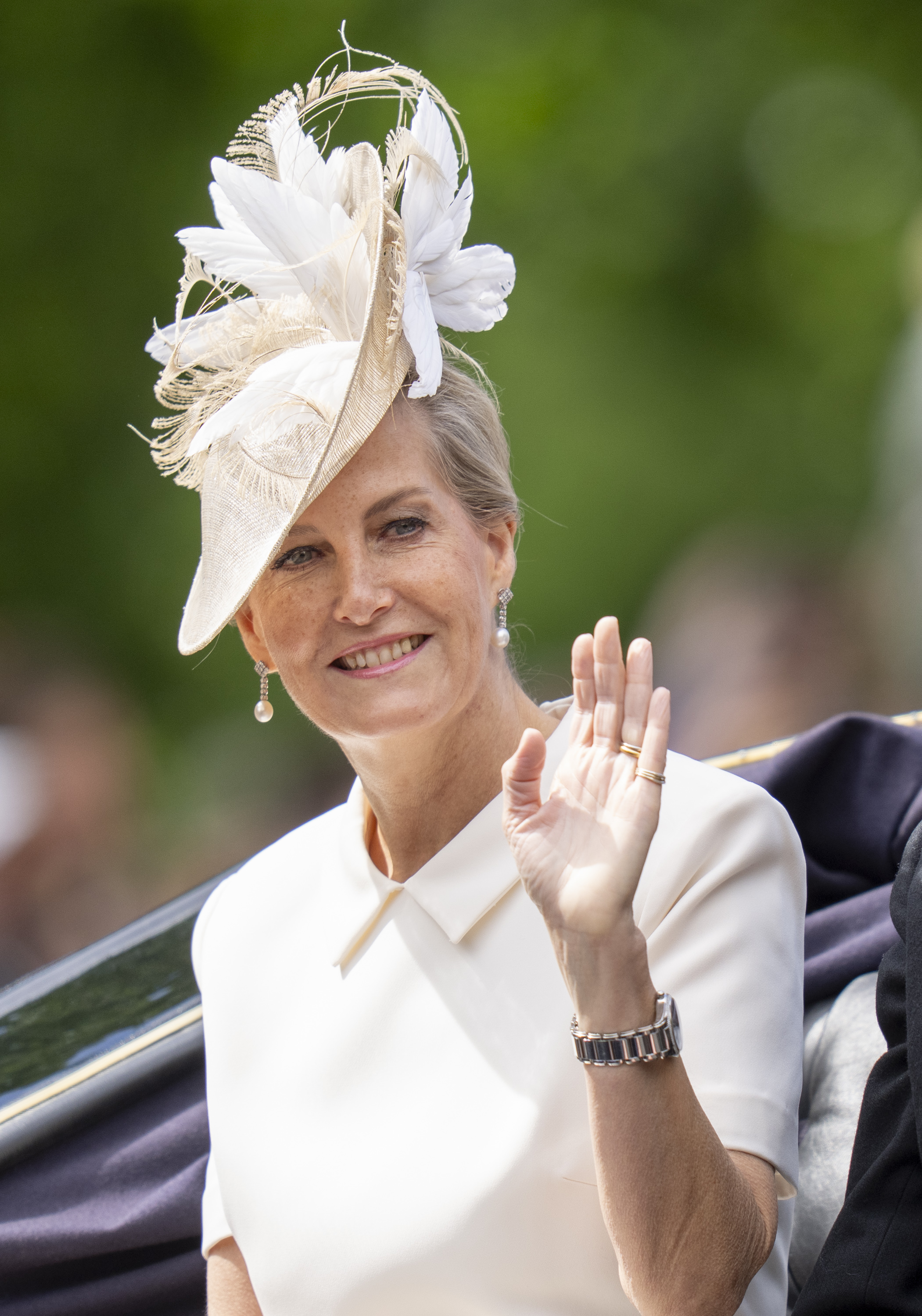 Duchess Sophie wears a cream white Roland Mouret dress, a designer loved by Princess Kate and Meghan Markle, with a matching hat