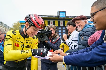 Danish Jonas Vingegaard Hansen of Team Visma-Lease a Bike pictured with some fans during the first stage of 84th edition of the Paris-Nice cycling race, 170,9 km from Archeres to Carrieres-sous-Poissy, Sunday 08 March 2026. BELGA PHOTO DAVID PINTENS (Photo by DAVID PINTENS / BELGA MAG / Belga via AFP)