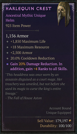 Diablo 4 item tooltip for the Harlequin Crest helmet