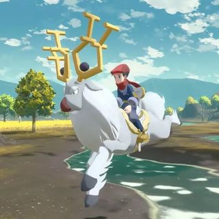 A shot of a Pokemon trainer riding a large Pokemon in the game Pokemon Legends: Arceus