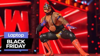 WWE 2K22 wrestler Rey Mysterio posing against a red background