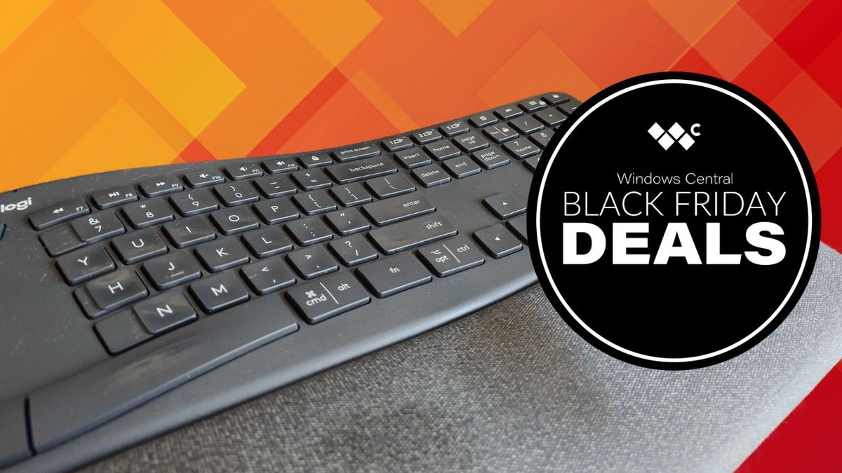 Logitech K860 ergonomic keyboard with a Black Friday graphic.