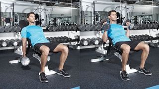 Man demonstrates two positions of the incline hammer curl