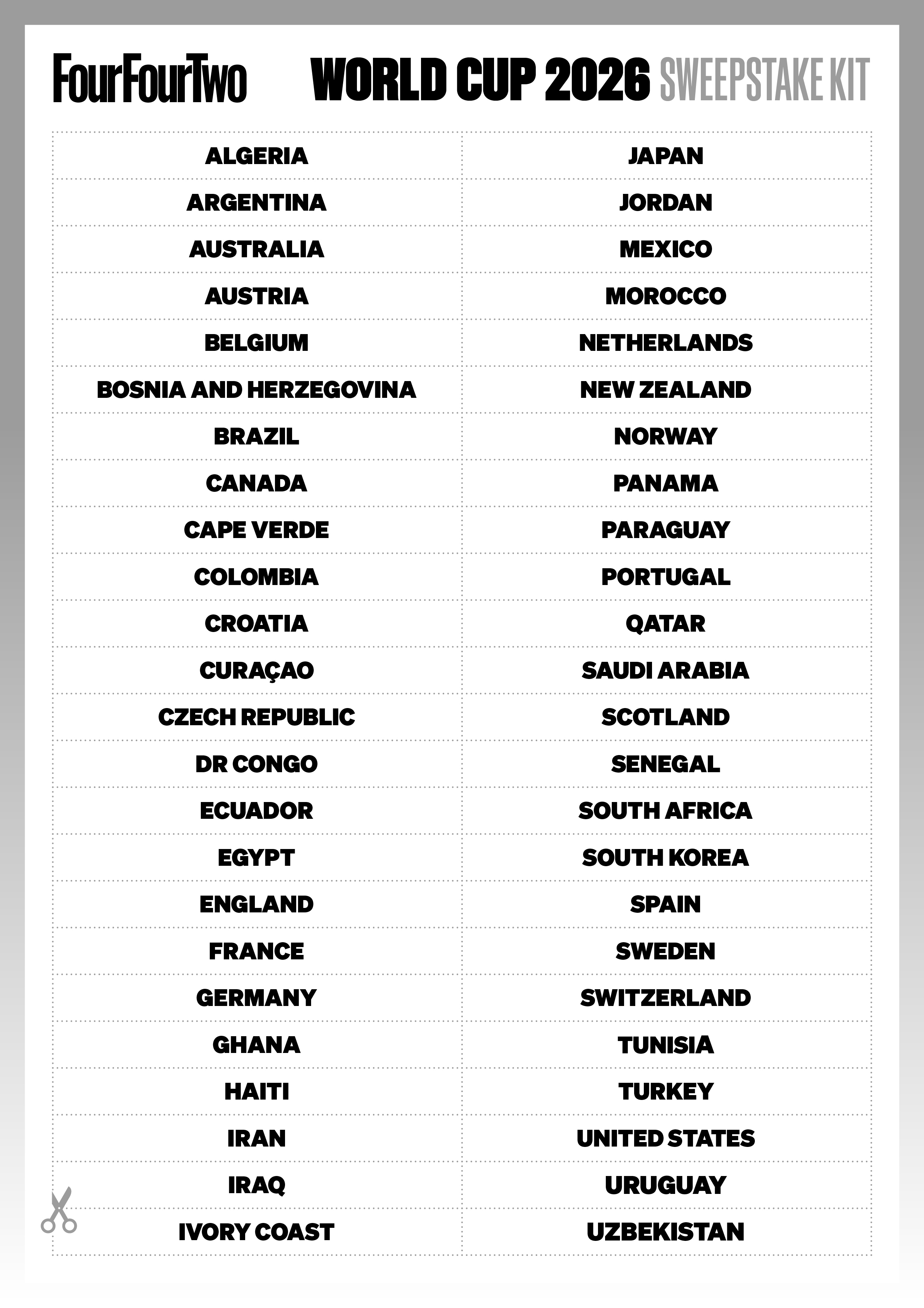 World Cup Sweepstake kit by FourFourTwo a black and white list of all 48 nations taking part in the 2026 World Cup