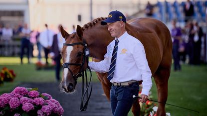 Andrew Hoy wears a white shirt with a blue and gold tie, matching baseball cap and navy trousers to present his chestnut horse for the first horse inspection at the World Eventing Championships