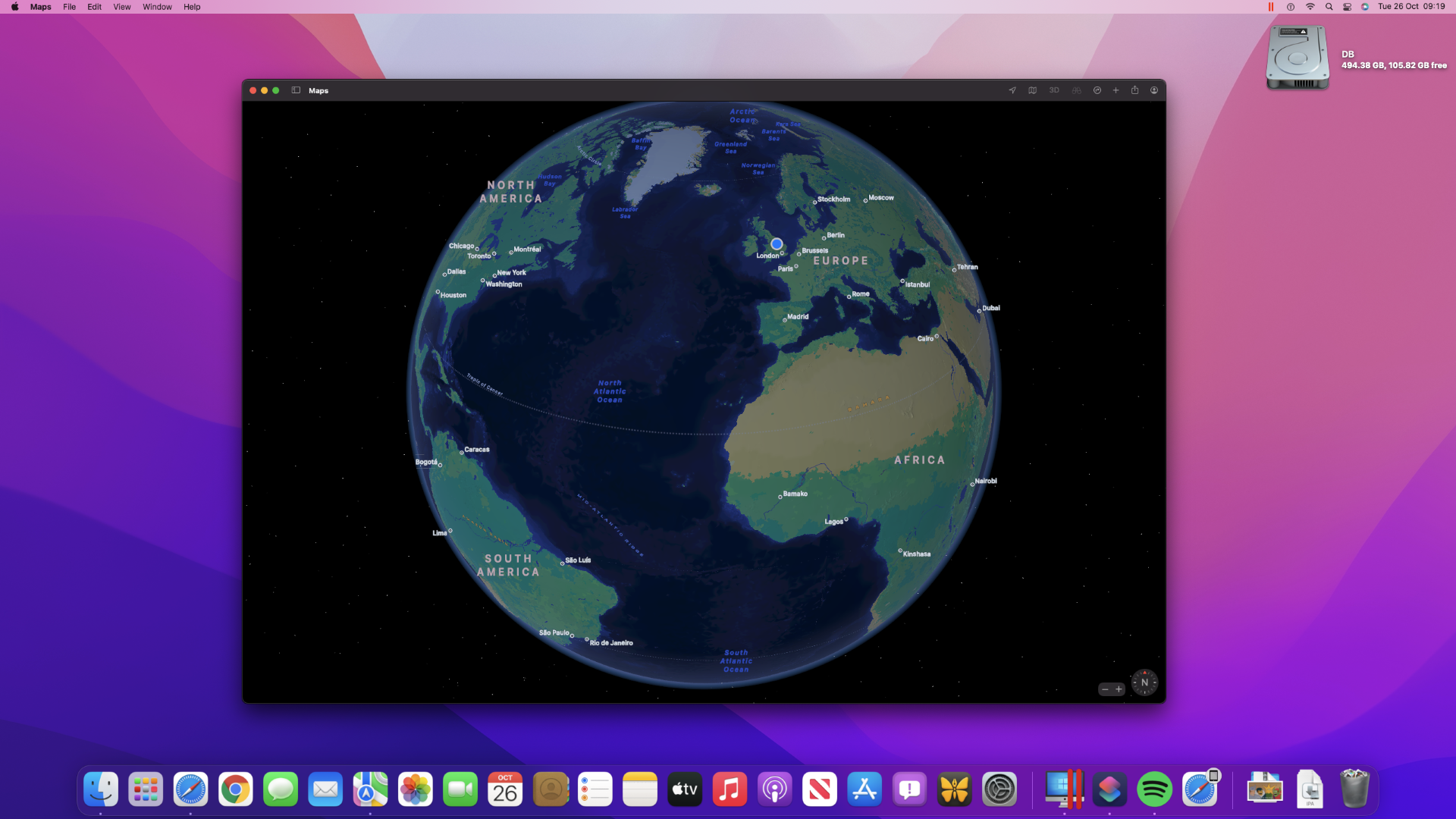 Kartor I macOS 12 Monterey som visar den nya globfunktionen