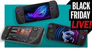 Three handheld gaming PCs on a blue background with the Black Friday Live text in the top right.