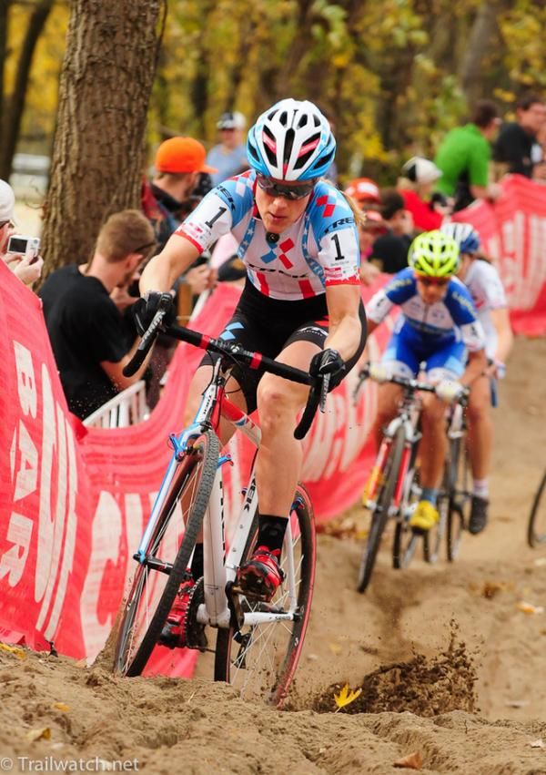 Katie Compton (Trek Cyclocross Collective) riding the long sand pit ahead of Nash