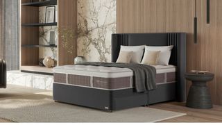 The image shows the Sealy Posturepedic Exquisite Platinum Mattress in a sleek and modern bedroom