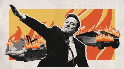 Photo collage of Elon Musk doing the Nazi salute, with a burning Tesla cybertruck and a burning dumpster in the background. 