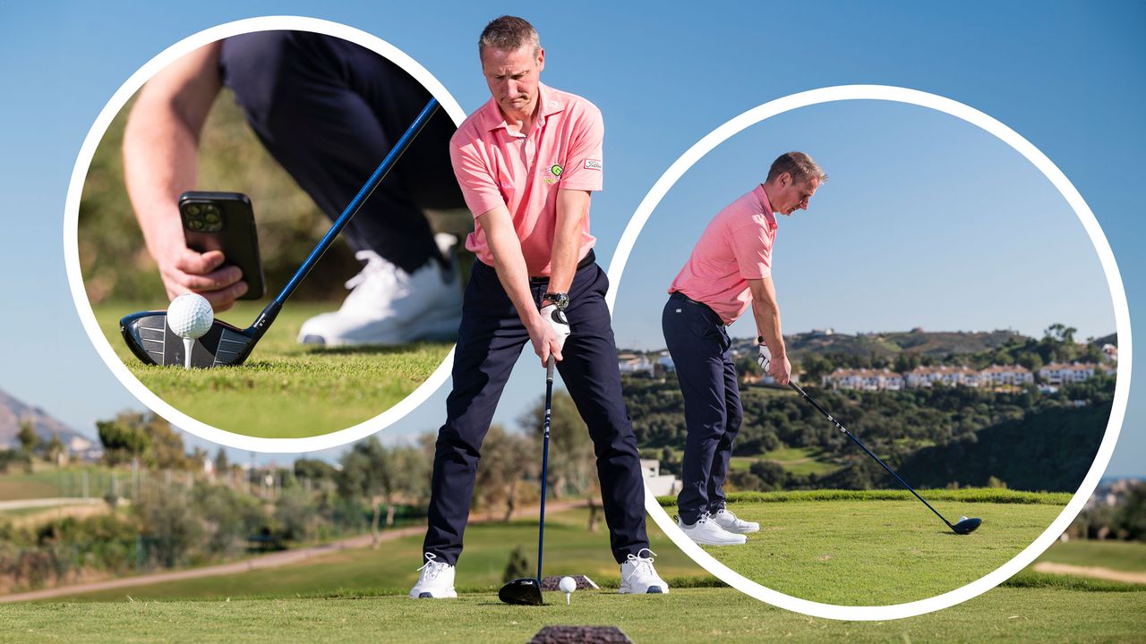 Anders Mankert demonstrating the driver address position, from square on and down the line, with an inset image of him taking a photo of his ball positon