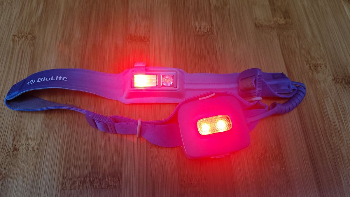 The Biolite headlamp 425 with front and rear lights both illuminated.