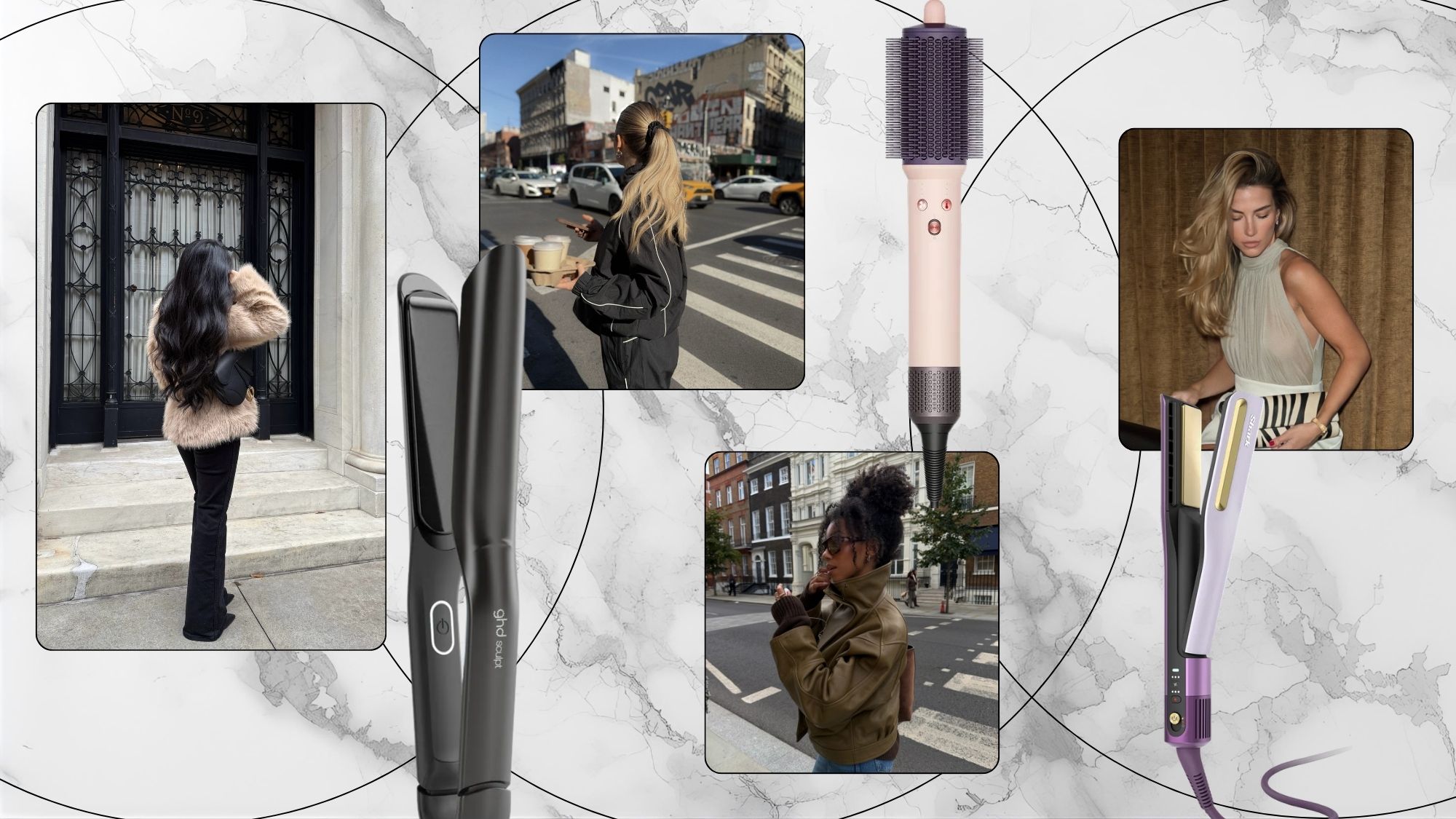 A collage of creators and some of the best new hair tools of 2026, from GHD, Dyson and Shark