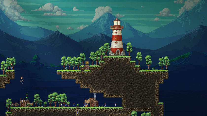 A lighthouse on a hill in a pixelated side scroll world