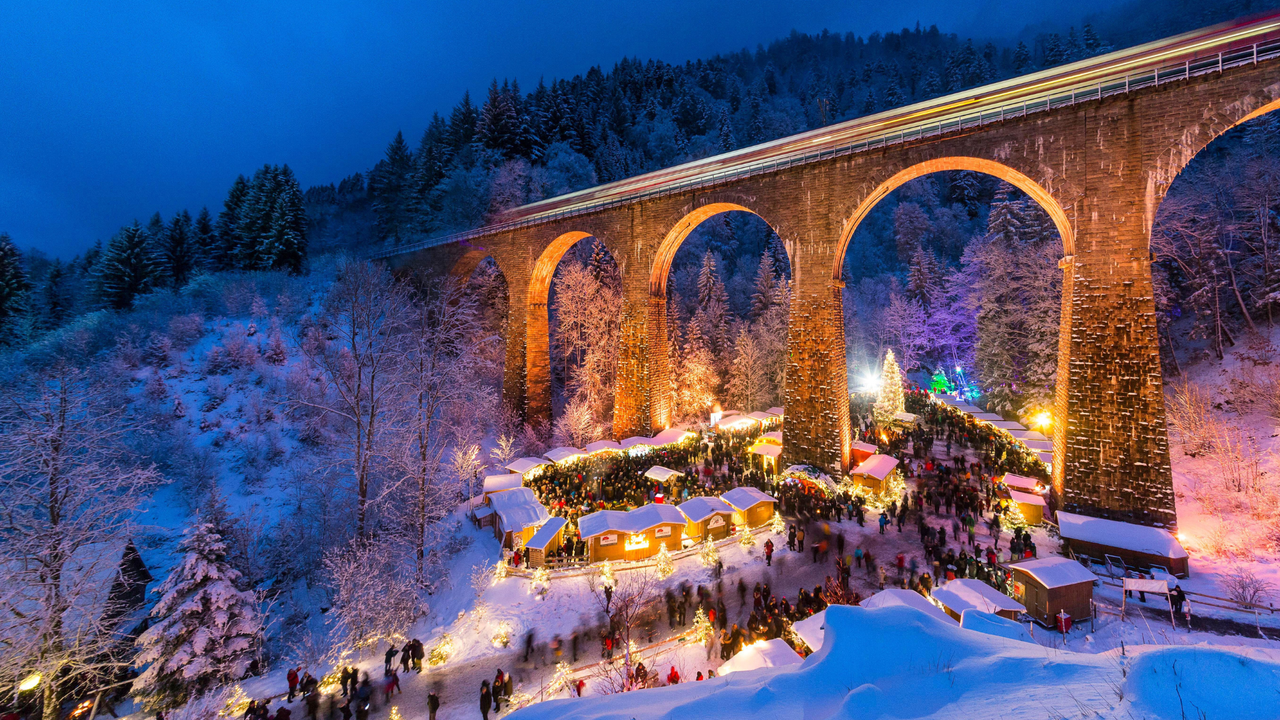 Aerial view of the snow-covered Christmas market at Ravenna Gorge in the Black Forest, Germany