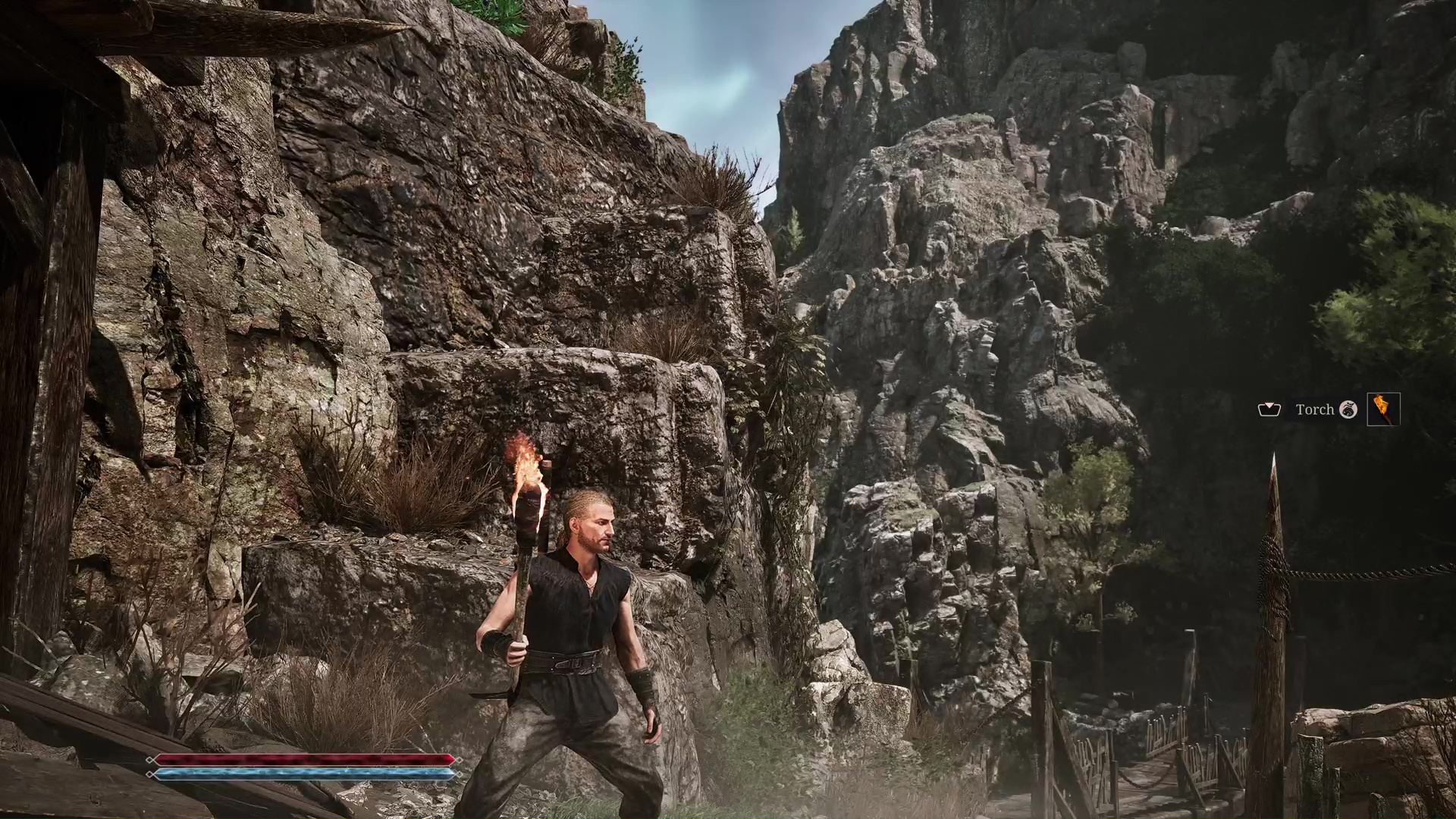 The hero holds a torch in a canyon in Gothic 1 Remake