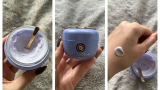 Collage of photos of Tatcha Dewy Skin Cream (L-R) Image of the purple cream open with a gold spatula inside, image of a hand holding the cream and swatch of the lilac cream on the back of a hand