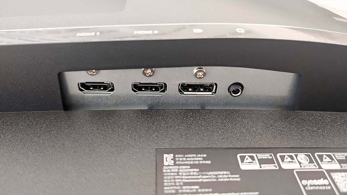 Closeup of Lenovo Legion R27fc-30 two HDMI ports, DisplayPort, and audio jack.