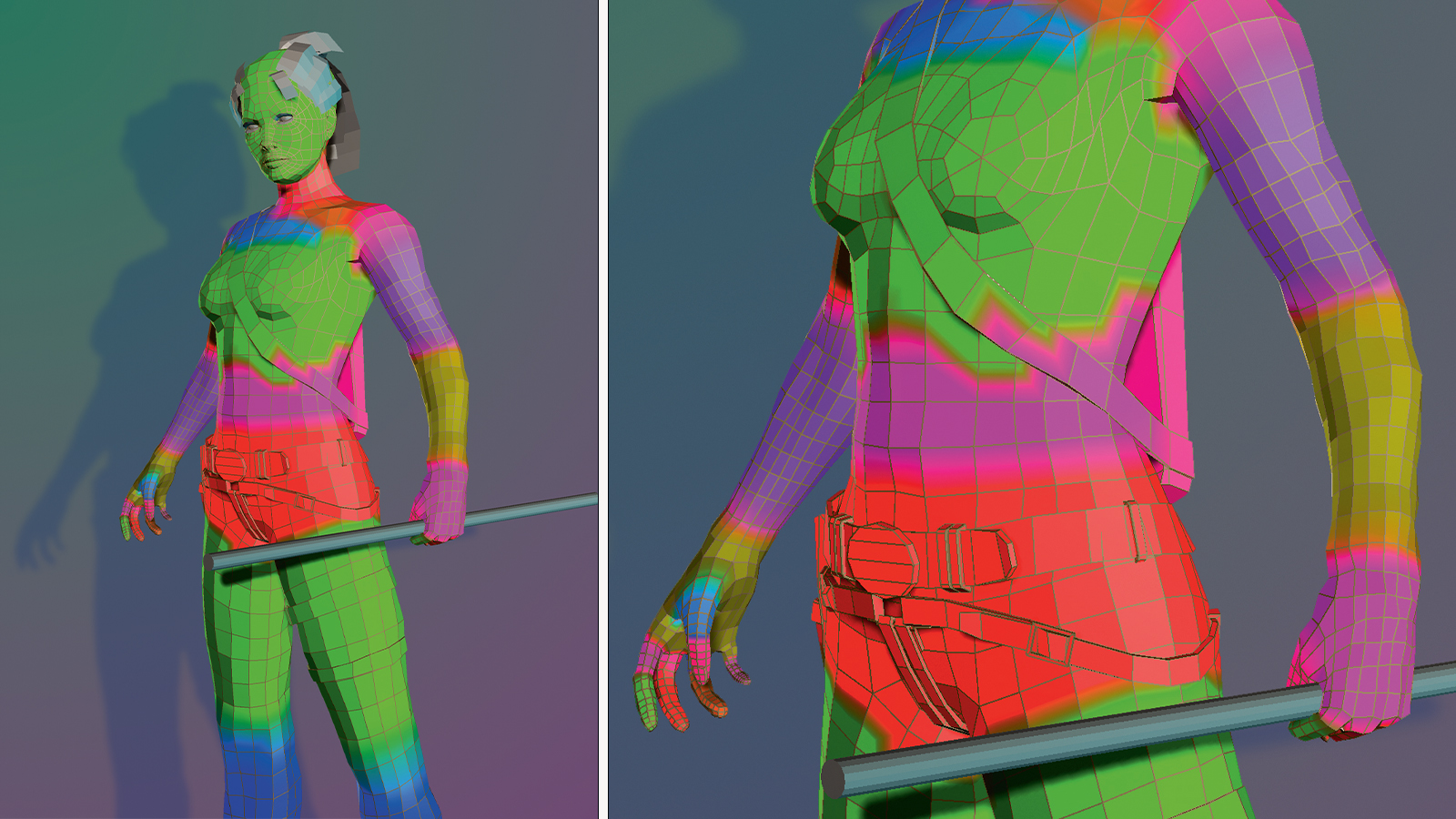 a 3D model of a figure showing vertex colours