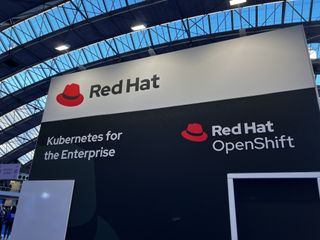 Red Hat Logo pictured at KubeCon 2023 in Amsterdam