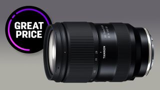 Tamron 28-75mm f/2.8 Di III VXD G2 lens against a grey background with the text &quot;Great price&quot;