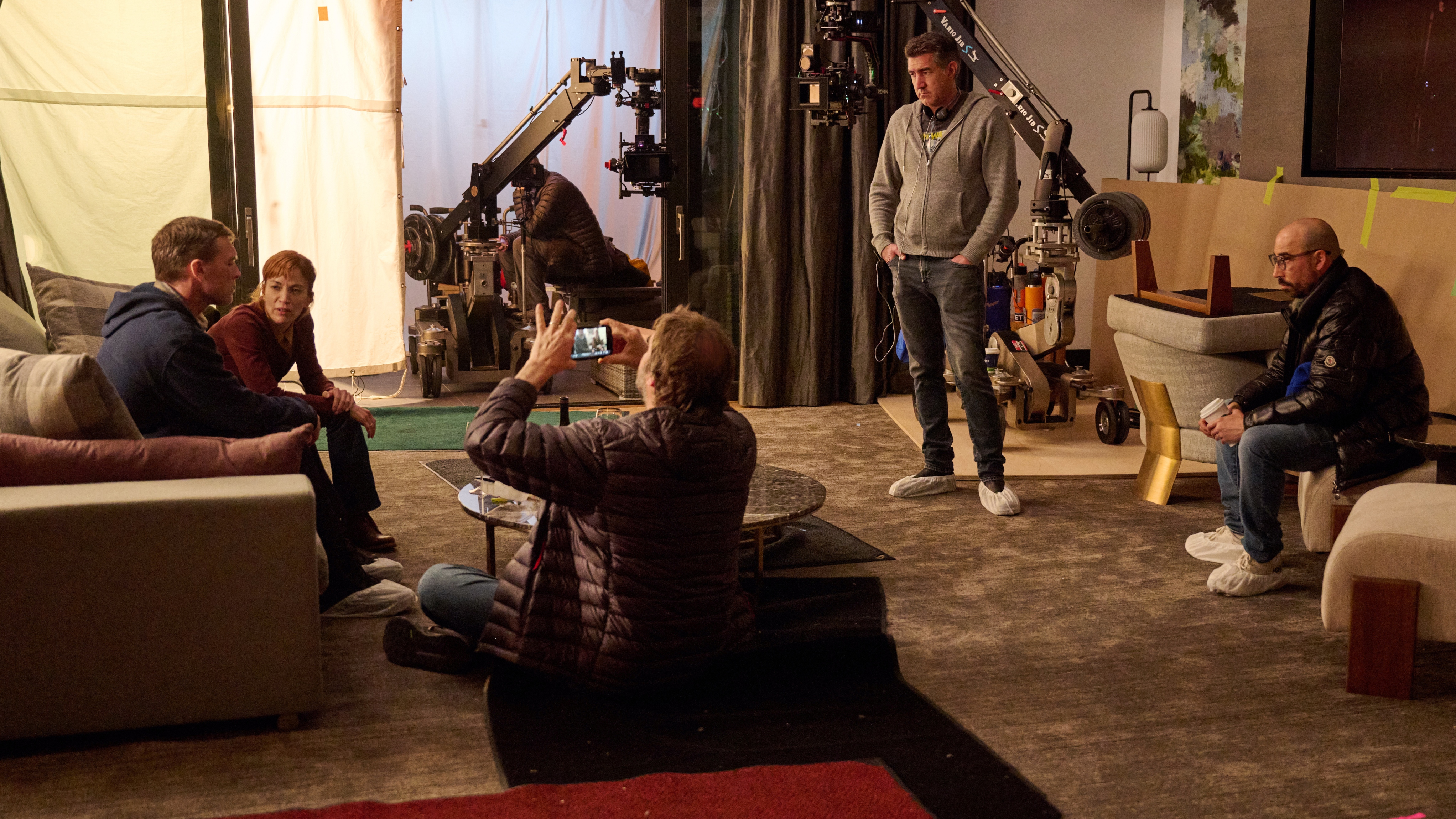 L to R) Sam Worthington as David Burroughs, Britt Lower as Rachel Mills, Executive Producer Robert Hull and Executive Producer Bryan Wynbrandt filming I Will Find You.