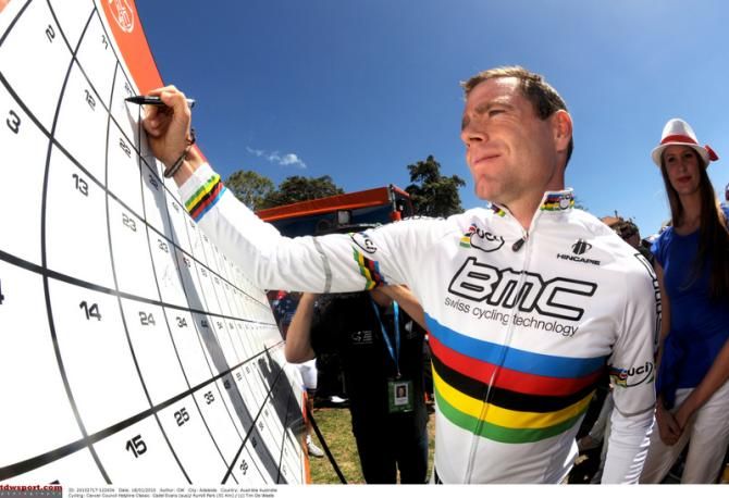 Cadel Evans (BMC) signs on at the Tour Down Under in his new team kit