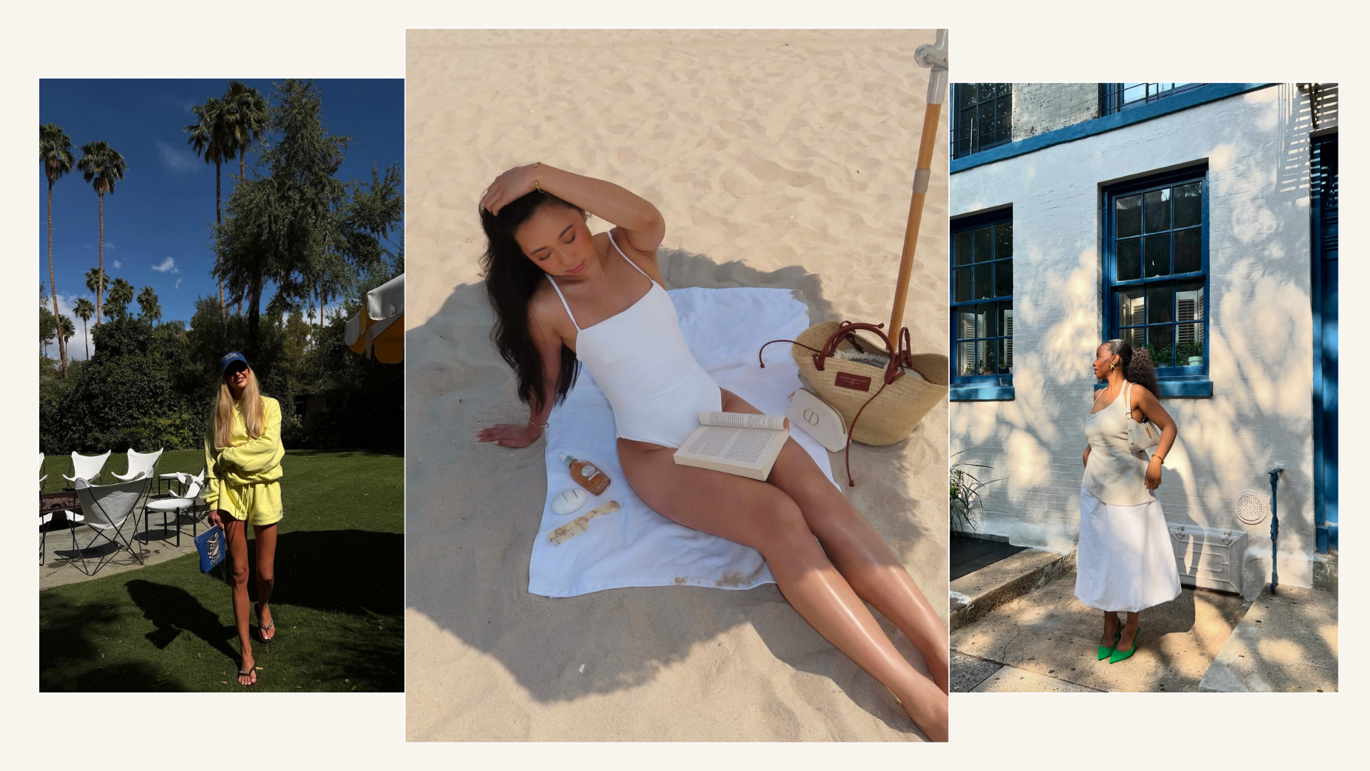A collage of three creators on holiday in the sun