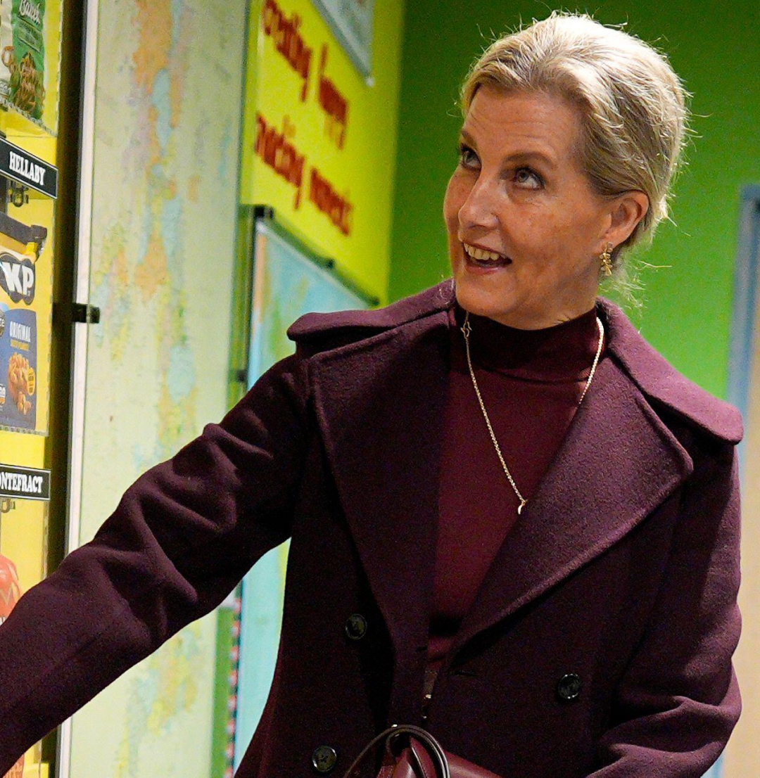 Duchess Sophie wearing a maroon dress and coat pressing a button on a wall