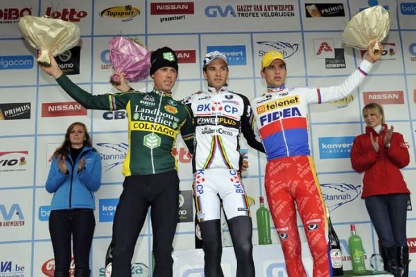 The elite men's podium in Namur: Nys, Albert and Stybar.