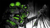 Orikan the Diviner, a necron, holds another necron's severed head